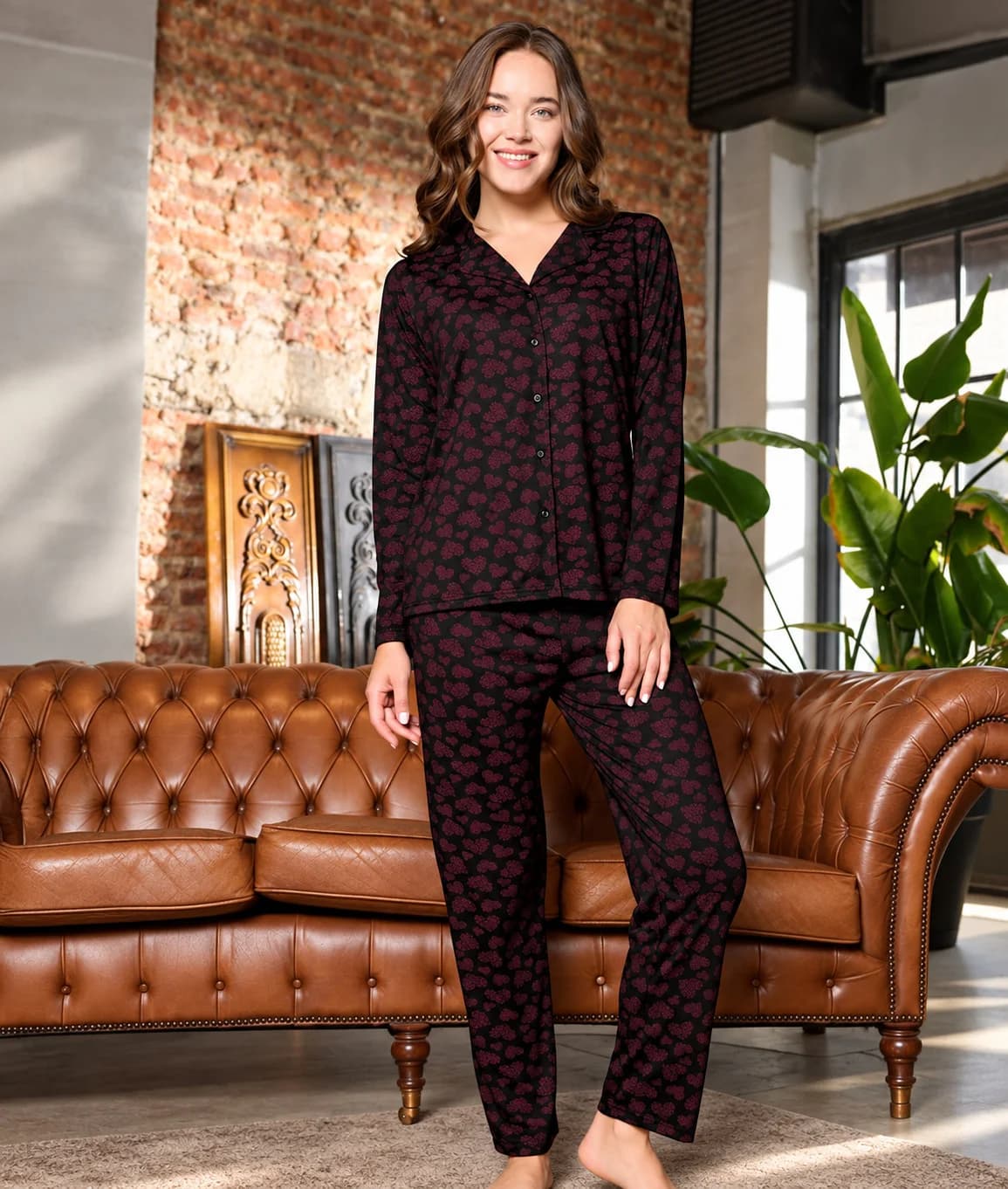 Qadınlar üçün şalvarlı pijama dəsti, qara/tünd qırmızı, parça, ölçü XL