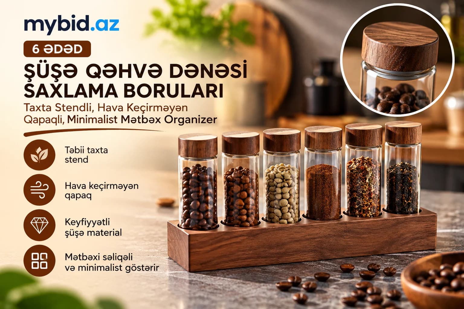 6 ədəd Şüşə Qəhvə Dənəsi Saxlama Boruları – Taxta Stendli, Hava Keçirməyən Qapaqlı, Minimalist Mətbəx Organizer