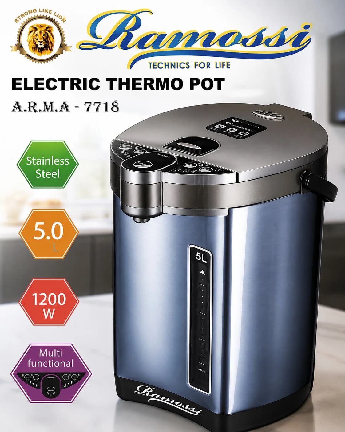 Termopot Ramossi A.R.M.A-7718, 5 L, gümüşü, 1200 Vt