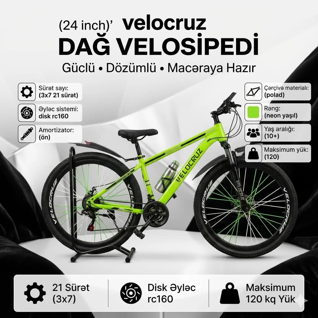Dağ velosipedi Velocruz, qara/yaşıl, 24"