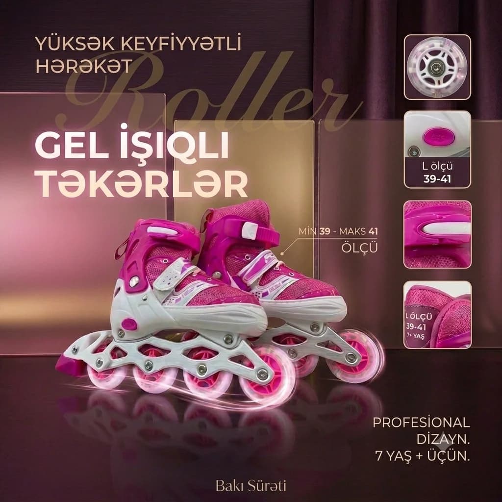 Roliklər uşaqlar üçün, çəhrayı, ölçü L