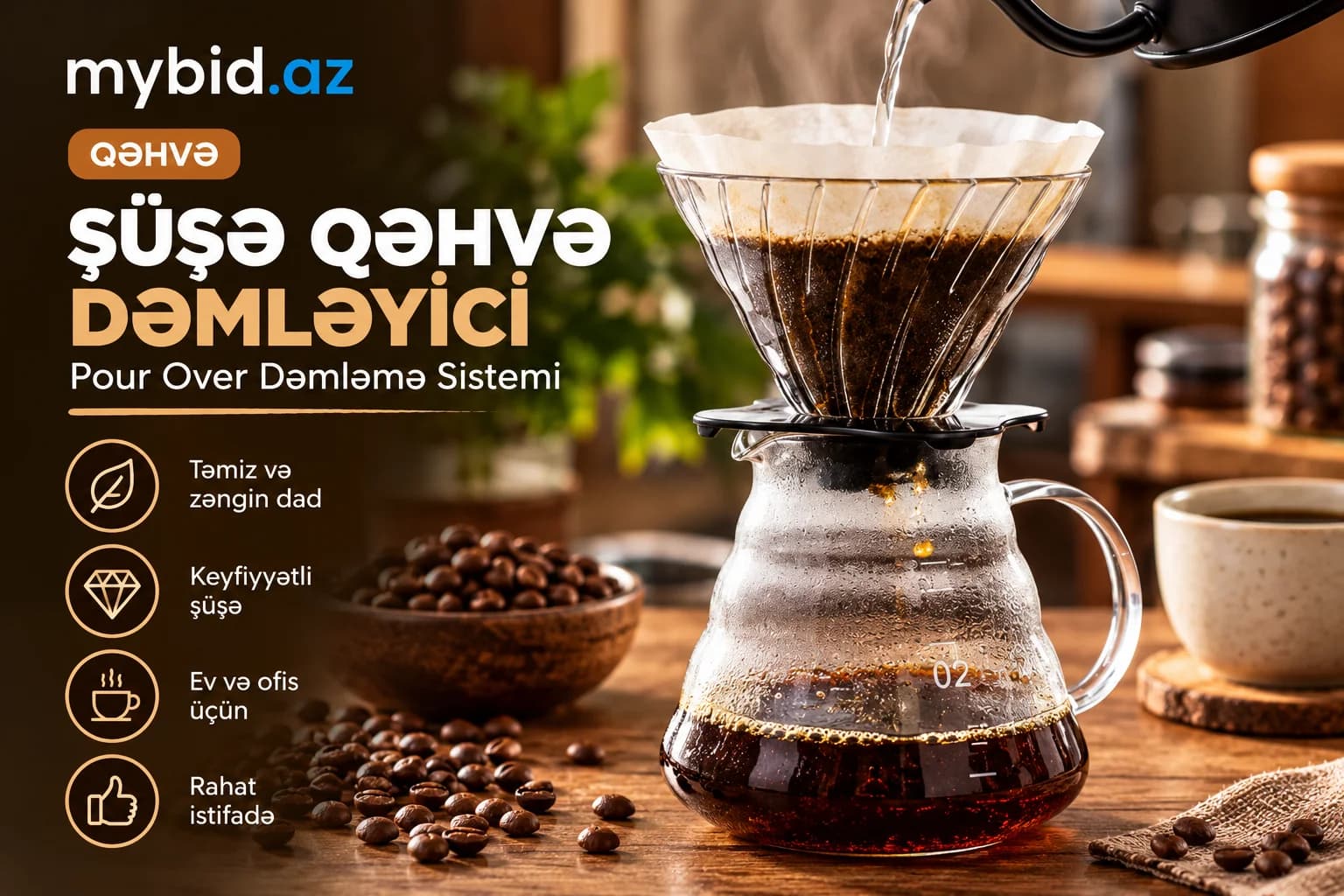 Şüşə Pour Over Qəhvə Dəmləmə Seti – Dripper + Server (Altlıq ilə)