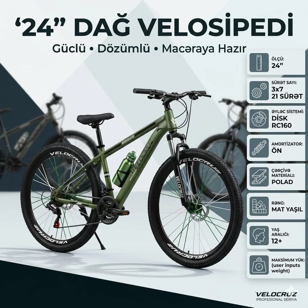 Dağ velosipedi Velocruz, mat yaşıl, 24"