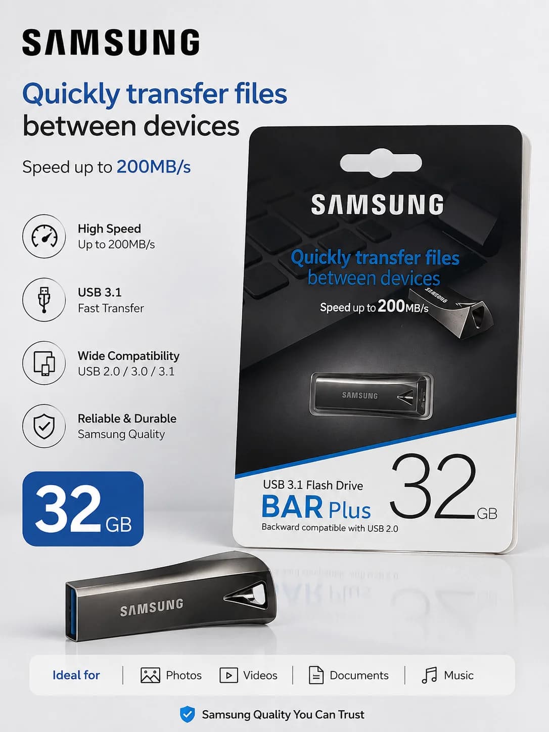 USB fləş kart, 32 GB, USB 3.1, 300 Mb/ san, Qara
