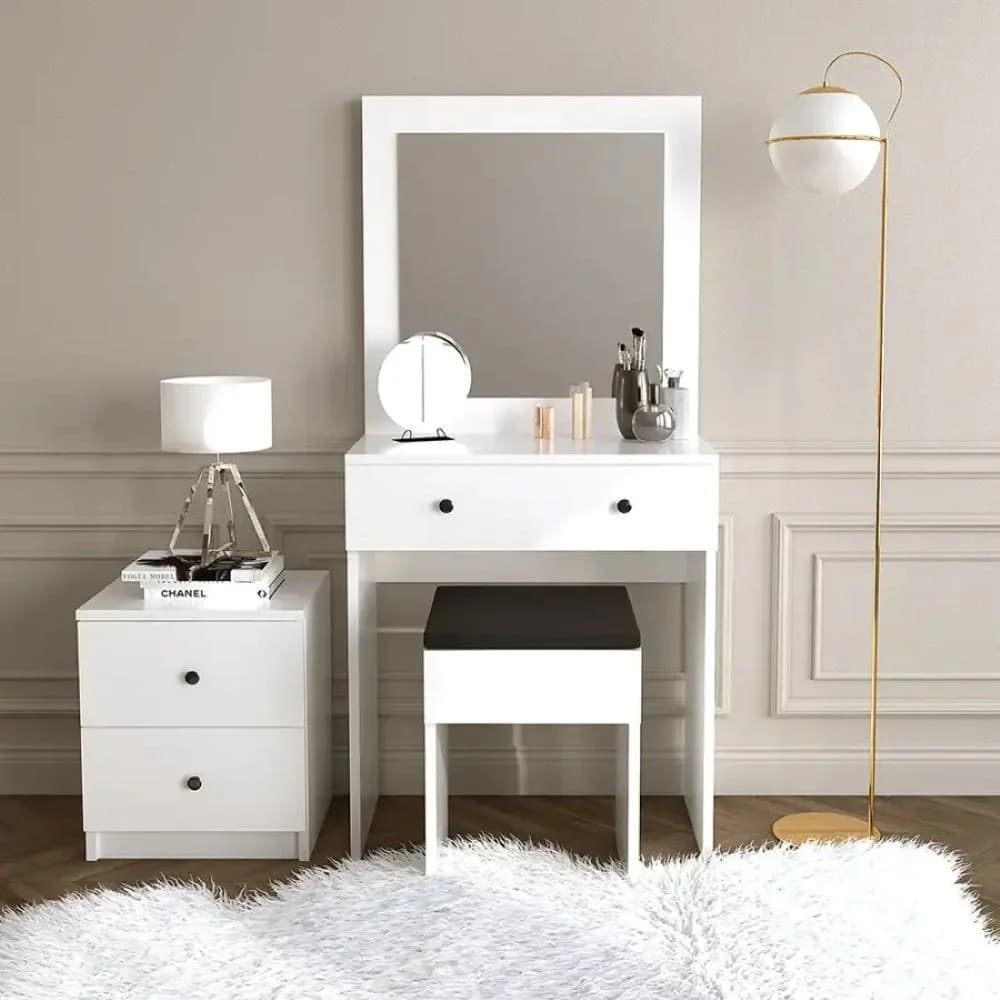 Makiyaj masası SO044, güzgülü və tumbalı, ağ, laminat, 65х35 sm