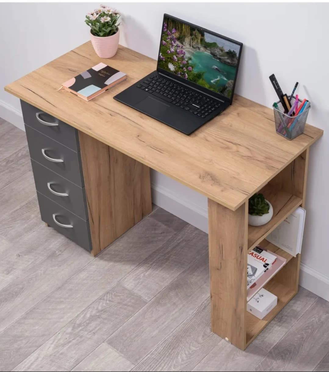 Kompyuter masası SO02, laminat, antrasit/palıd ağacı, 50x75.3x108 sm