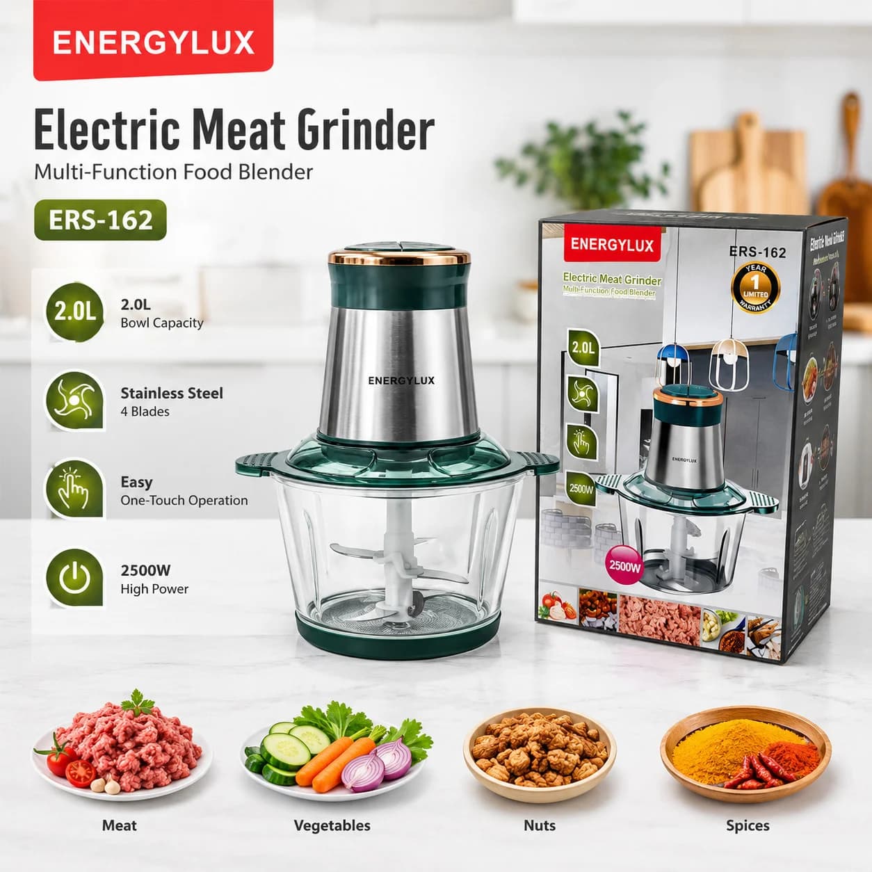Doğrayıcı Energylux ERS-162, 2500 Vt, 2 L, gümüşü
