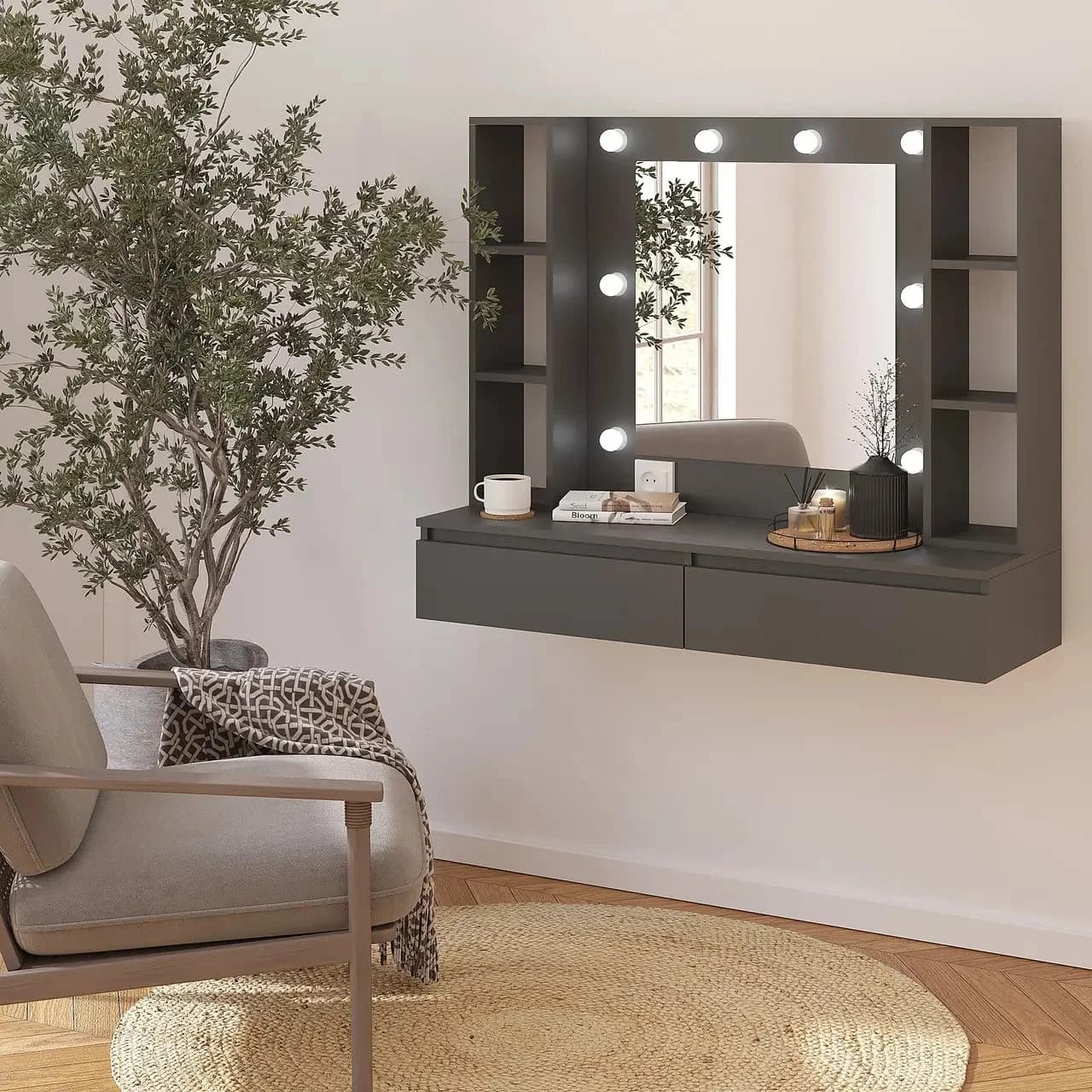 Makiyaj masası 8408, antrasit, laminat, 100х40х120 sm