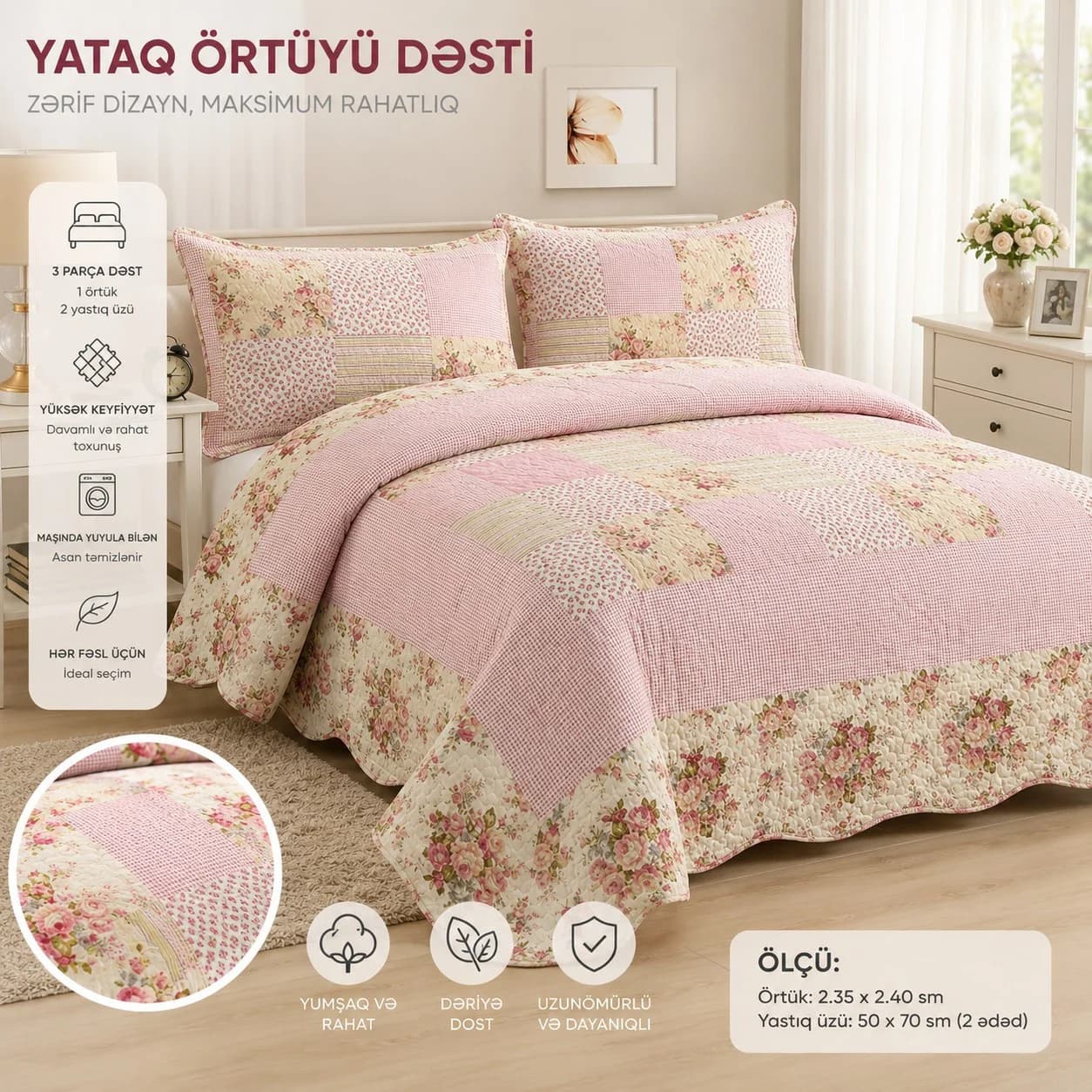 Örtük və yastıq üzü dəsti 3097, parça/satin, 230x240 sm