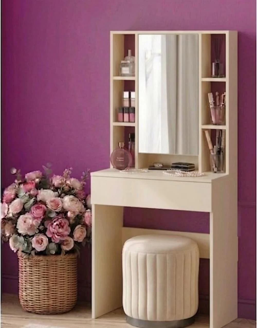 Makiyaj masası güzgülü MB10, laminat, bej, 145x70x36 sm