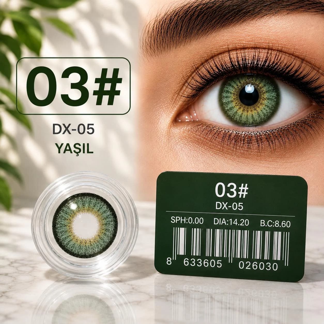 Rəngli linza DX-05 №03, Hidrogel, SPH 0.00, Yaşıl