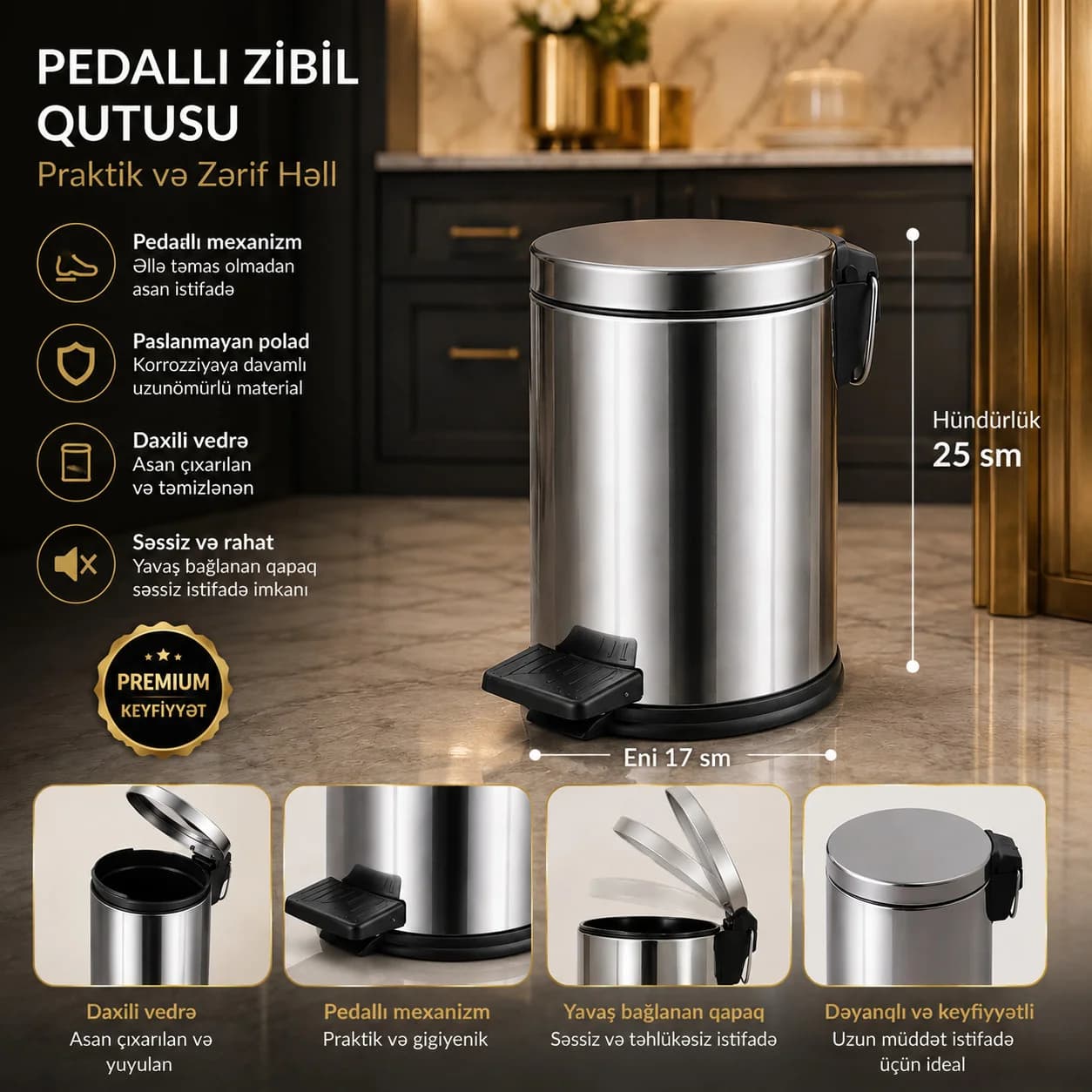 Zibil qabı 001, Paslanmayan polad, Gümüşü, 5 l