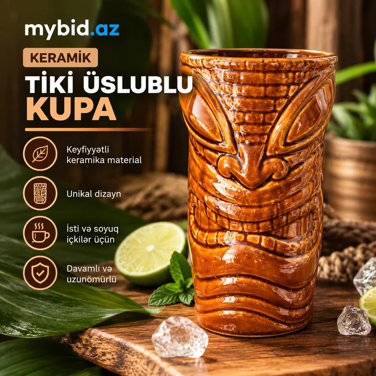 Tiki Mask Stil Keramika Stəkan – Ekzotik Kokteyl Bardağı