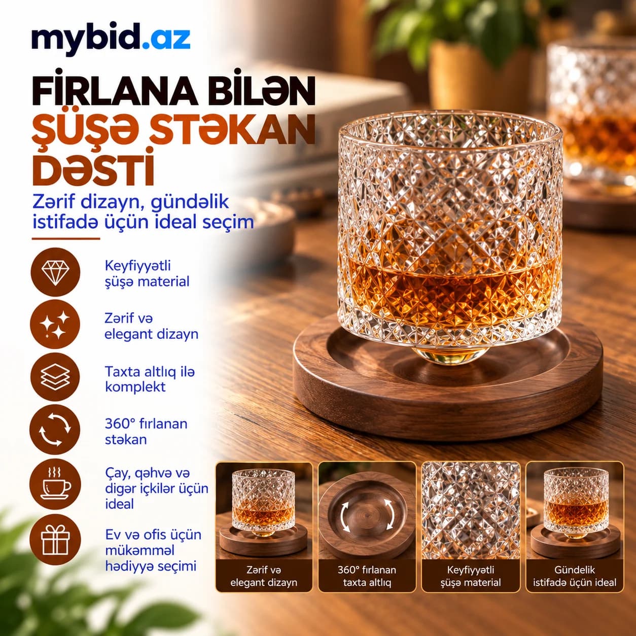 Fırlanan Naxışlı Şüşə Stəkan və Taxta Altlıq