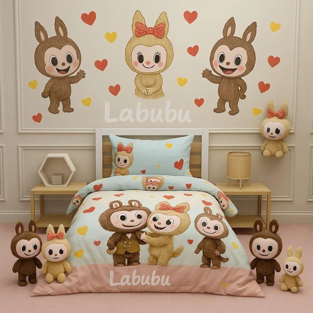 Uşaqlar üçün yataq dəsti Labubu -4, yorğan üzü 160x220 sm, döşəküstü 160x220 sm, yastıq üzü 50x70 sm, pambıq, parlaq mavi - GS_1027