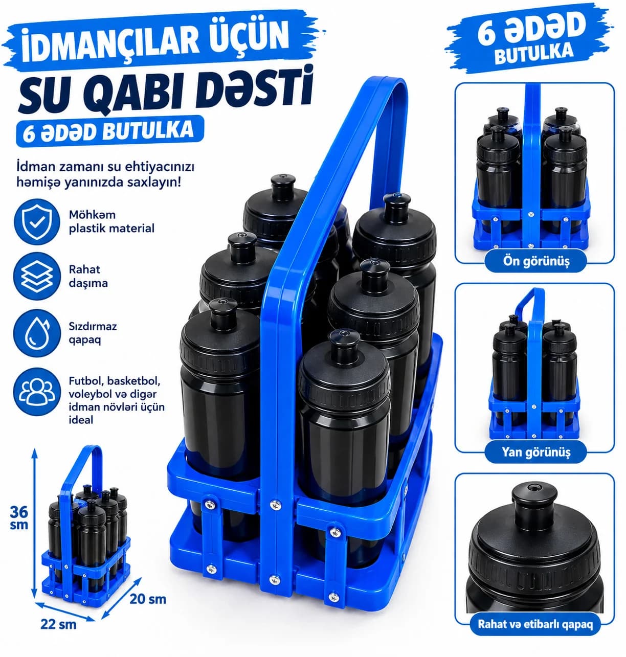 İdman su qabı dəsti, qida plastiki, 900 ml, qara, 6 əd