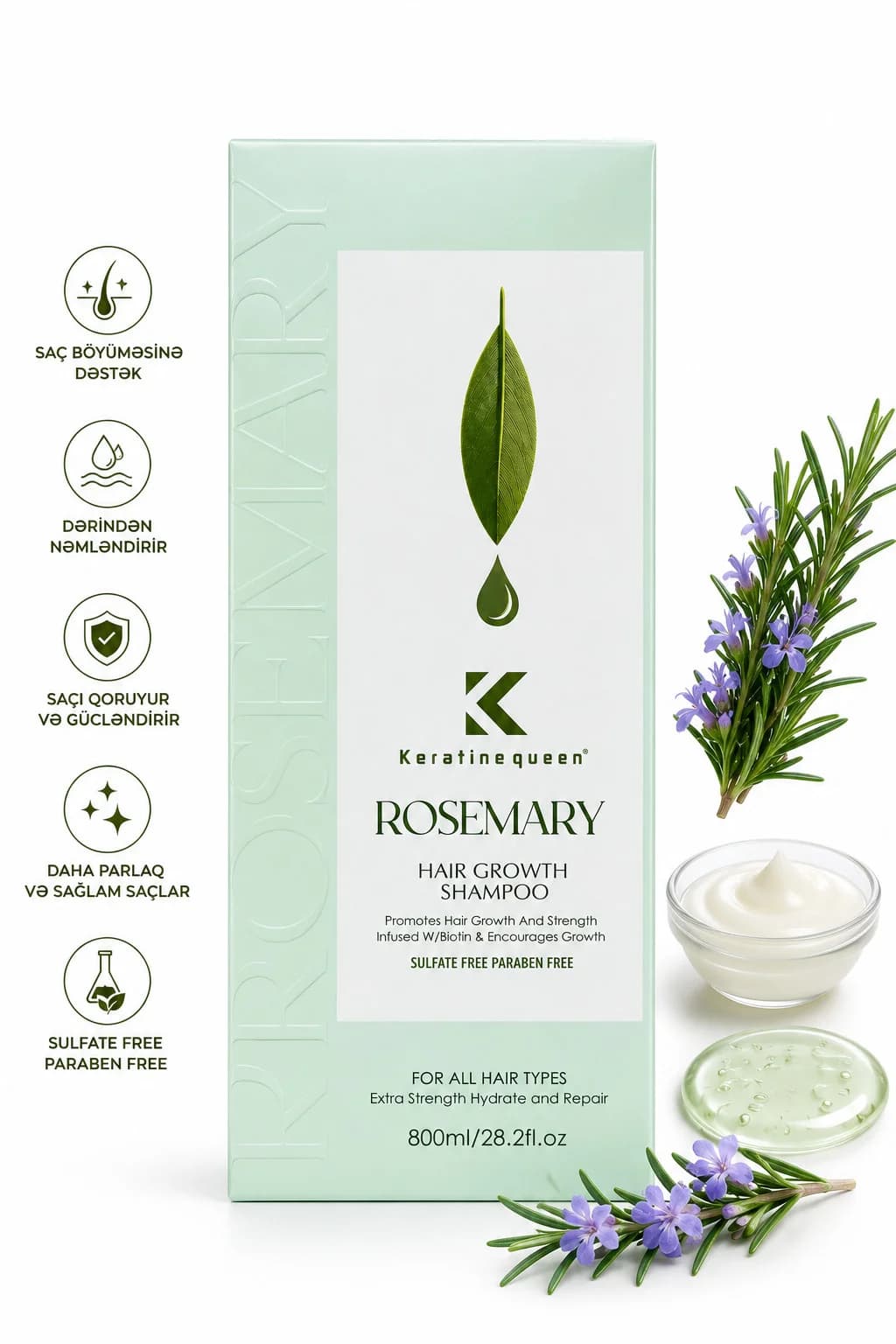 Saçlar üçün şampun Keratine Queen Rosemary Hair Growth, Uniseks, 800 ml