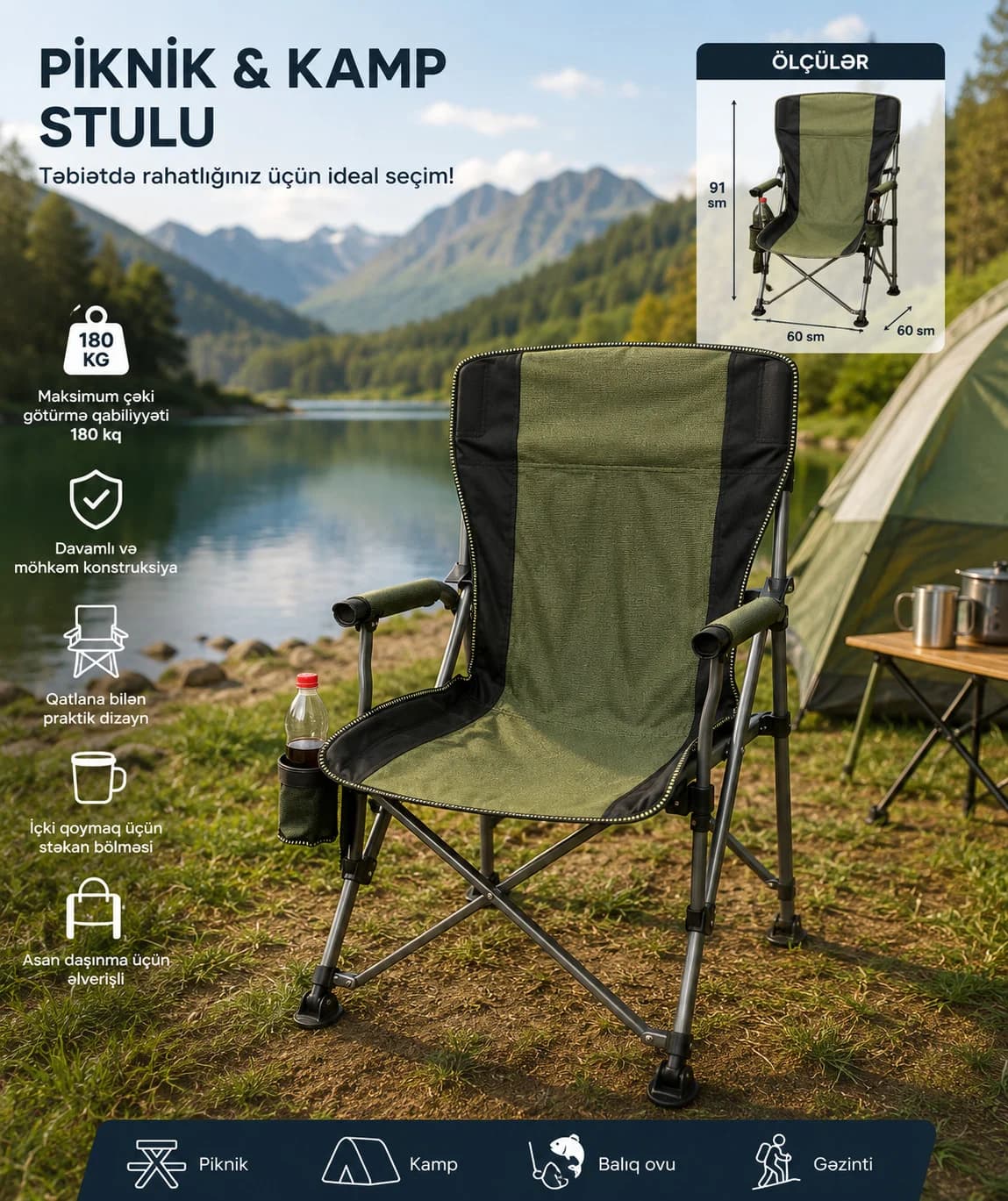 Kempinq üçün qatlanan stul 36016265, 91x60x60 sm, yaşıl