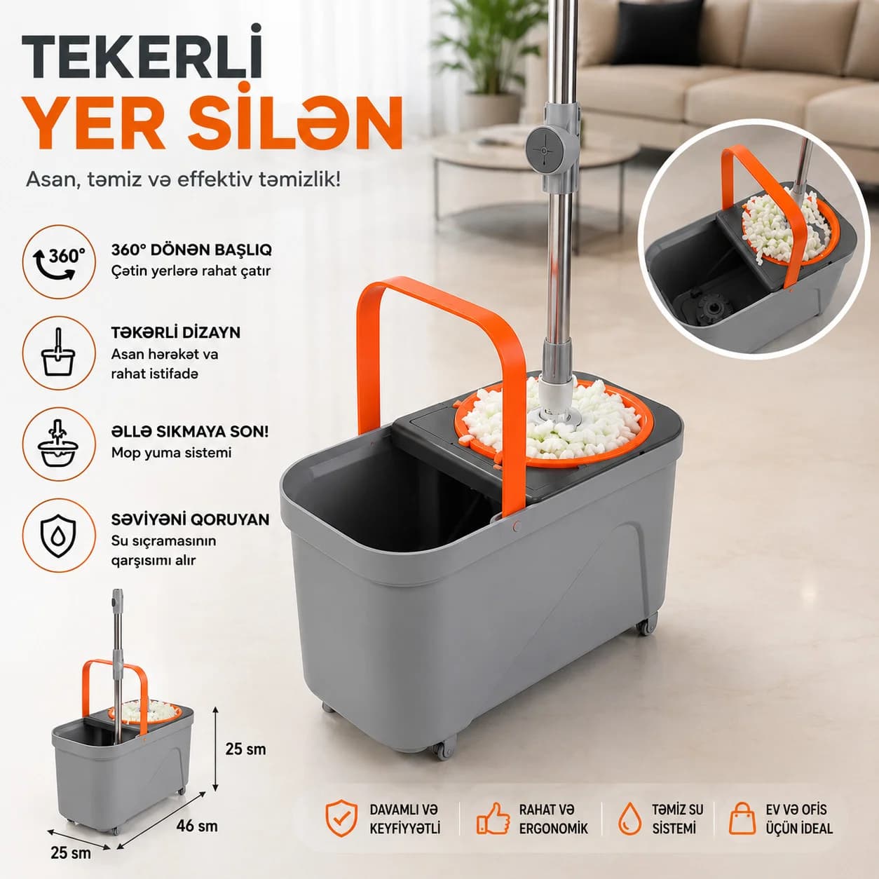 Təmizlik vedrəsi 10 l, plastik, boz