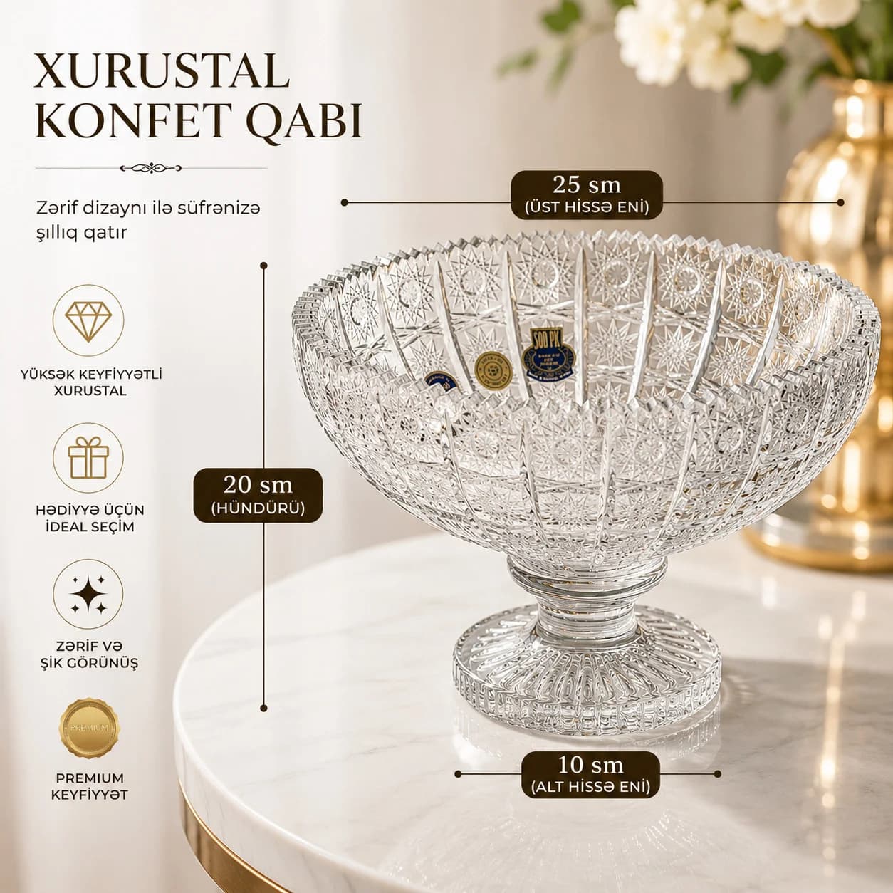 Konfet qabı, 250 ml, büllur, şəffaf