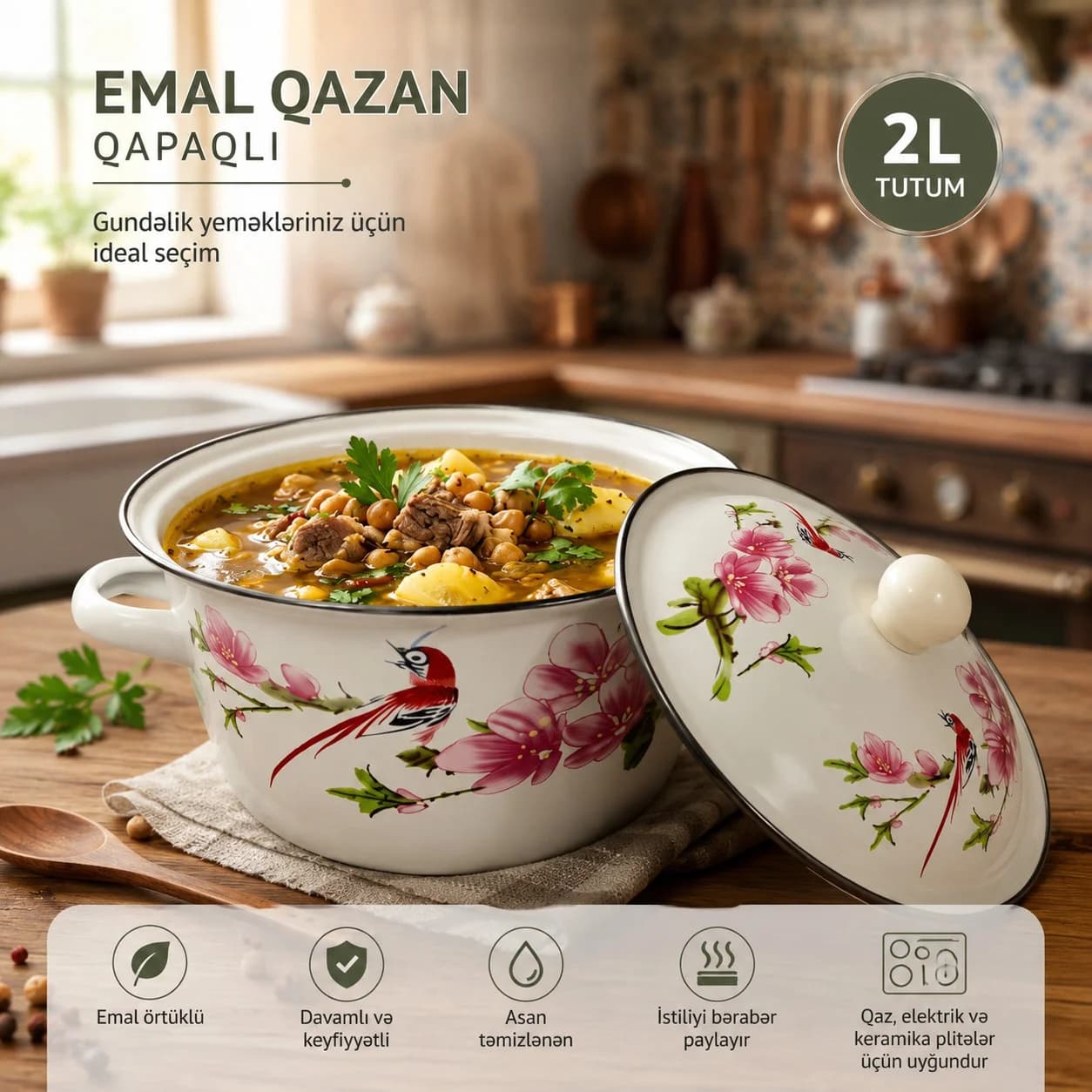 Qazan 11871, minalanmış polad, 18 sm, 2000 ml