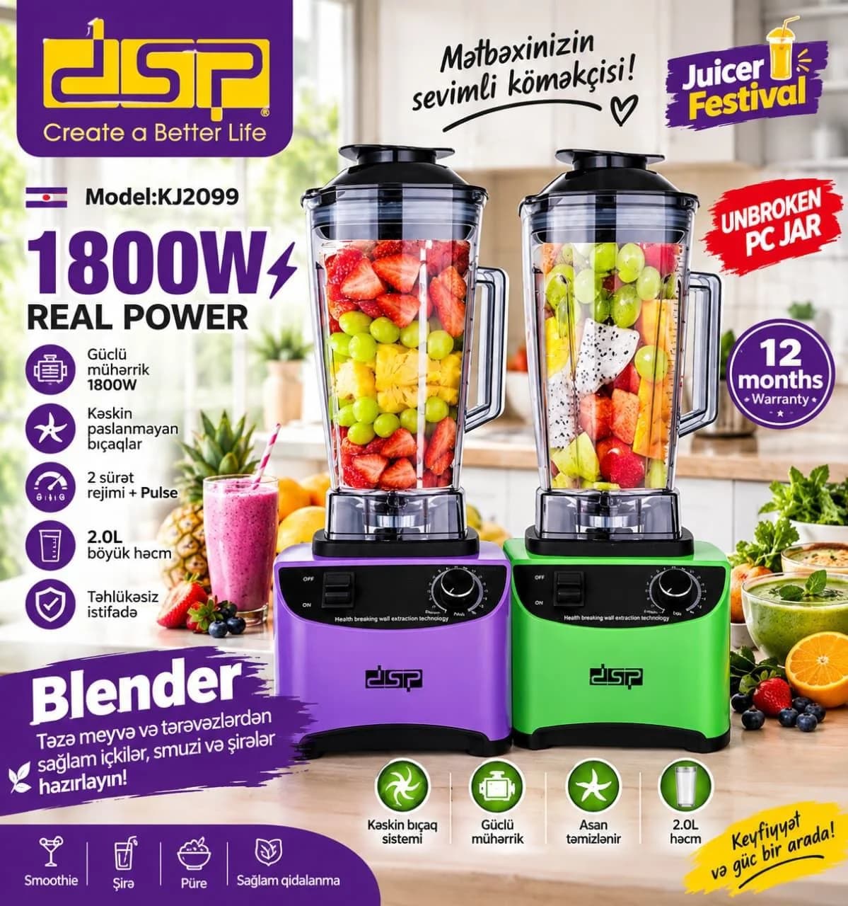 DSP KJ2099 1800W Blender – 2L Böyük Həcmli