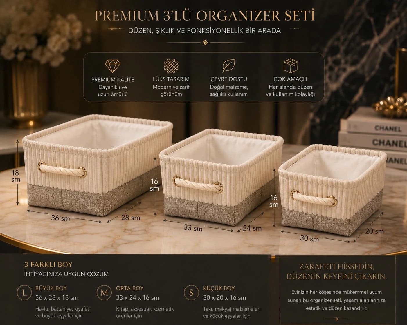 Orqanayzer dəsti, tekstil/məxmər, krem/boz, 30x20x16/33x24x16/36x28x18 sm