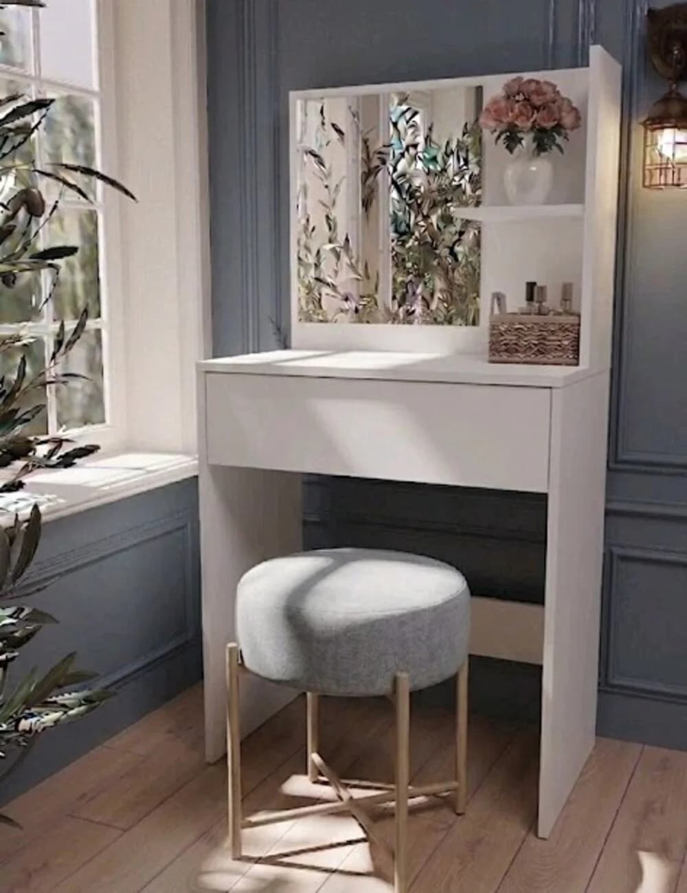 Makiyaj masası güzgülü MB1, laminat, ağ, 126x65x38 sm