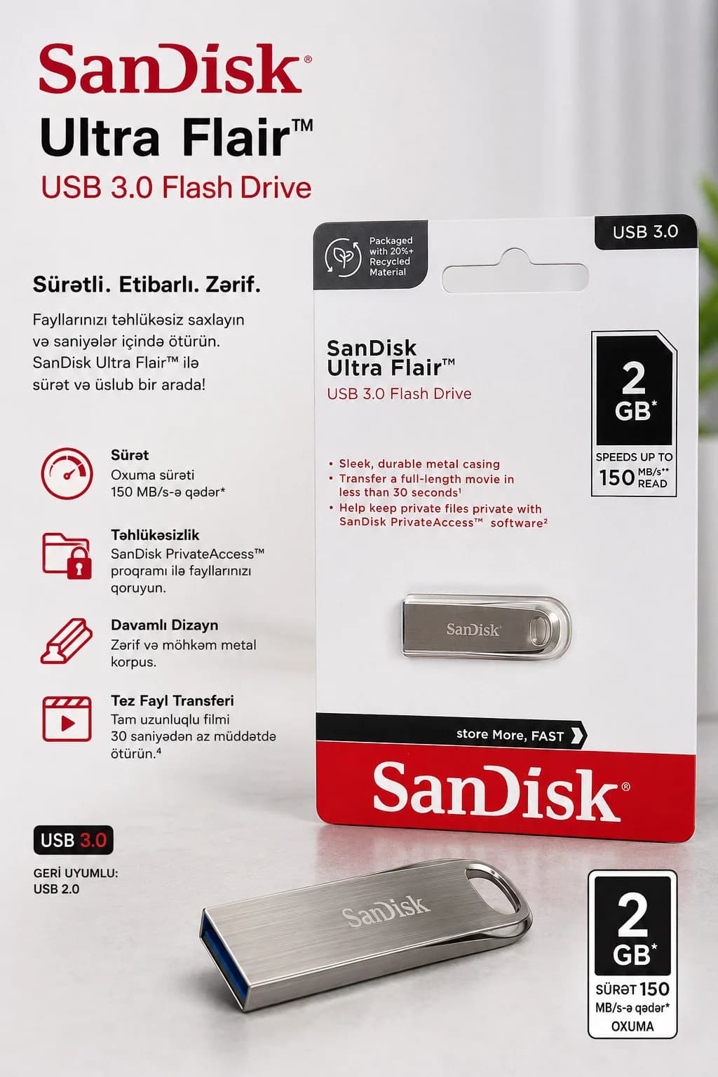 USB fləş kart 2GB, USB 3.0, 150 Mb/san, Gümüşü