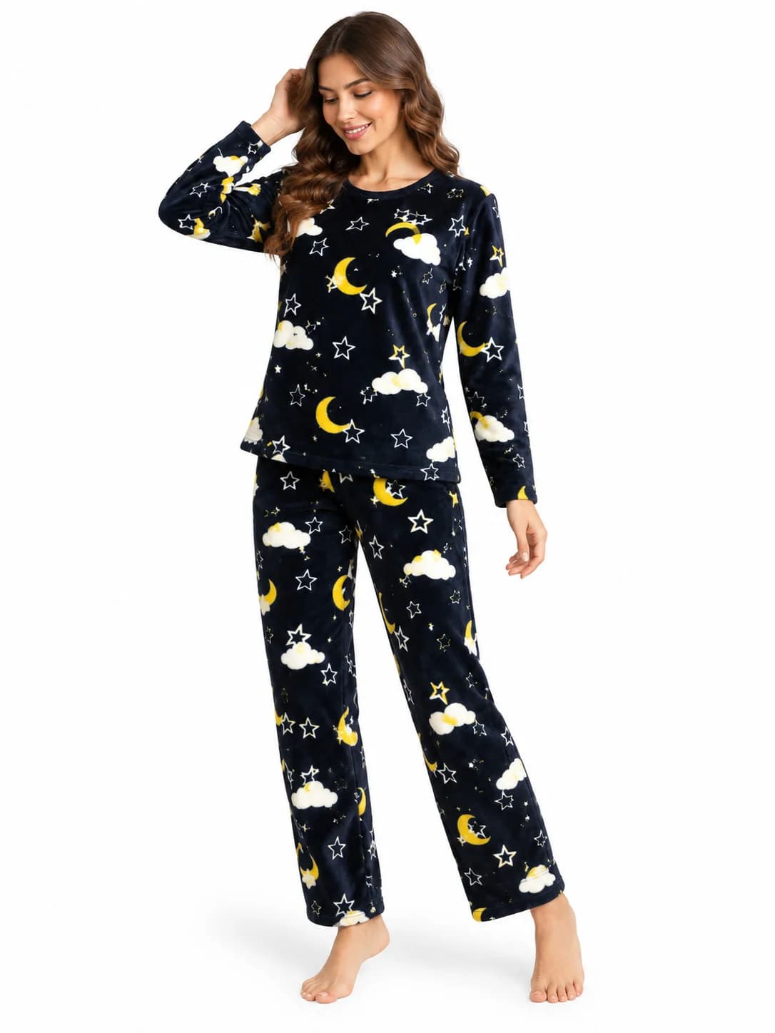 Qadınlar üçün şalvarlı pijama dəsti, tünd göy, poliester, ölçü L