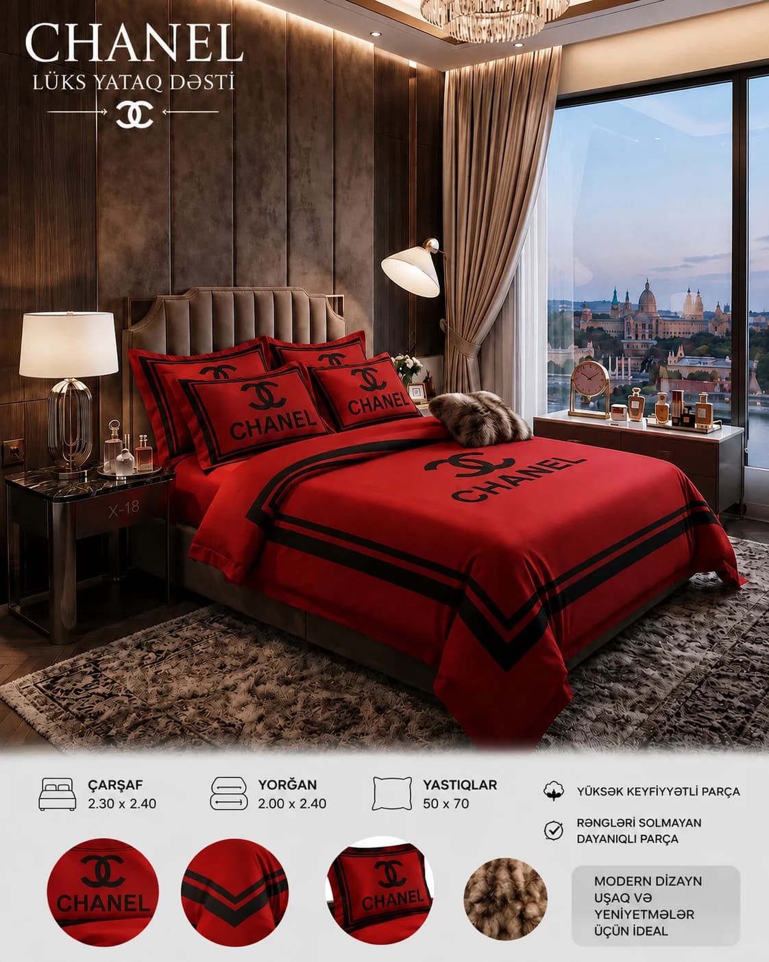 Yataq dəsti 2546413, mələfə 230x240 sm, yorğan üzü 200x240 sm, yastıq üzləri 2 əd 50x70 sm, ikinəfərlik, mikrofibra