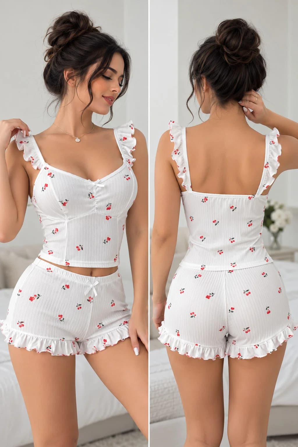 Şortlu pijama dəsti GS012, ağ, poliester, ölçü S/M