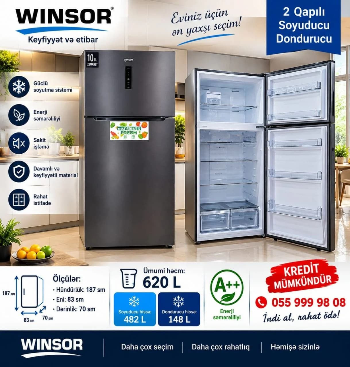 WINSOR İkiqapılı Soyuducu-Dondurucu, 620 L, Tünd Boz