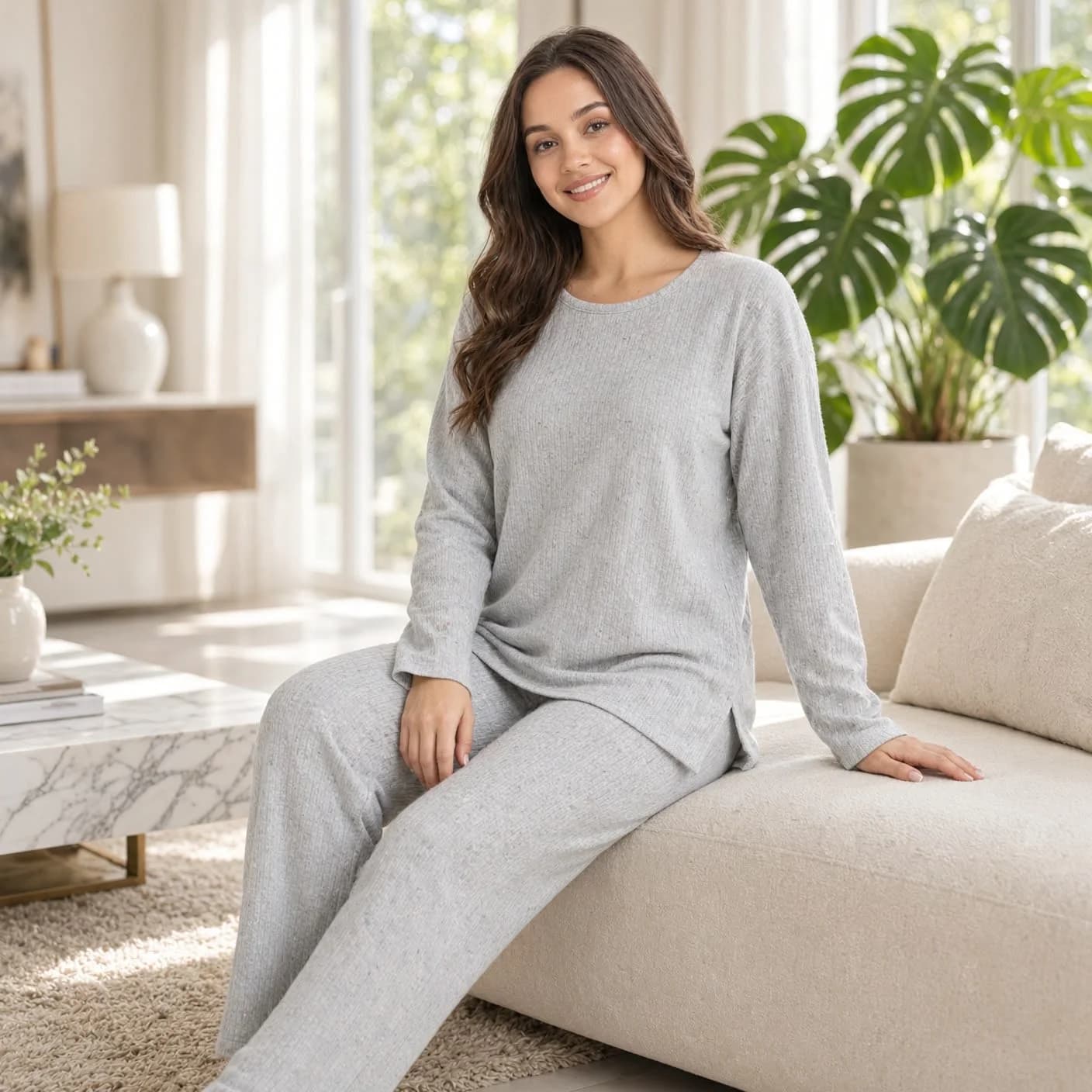 Qadınlar üçün şalvarlı pijama dəsti, boz, trikotaj, ölçü L