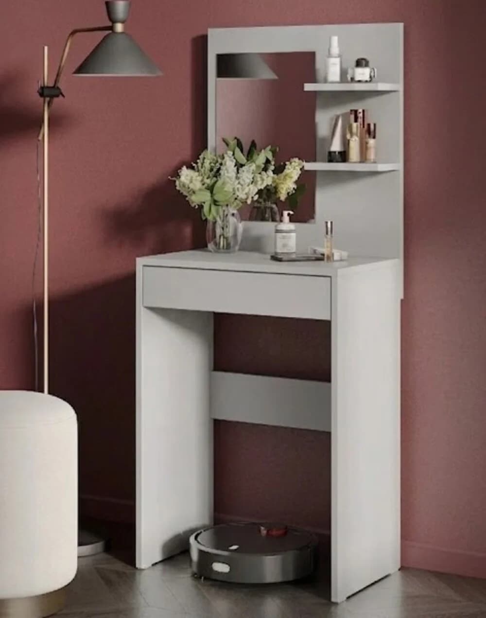 Makiyaj masası güzgülü MB3, laminat, boz, 130x55x35 sm