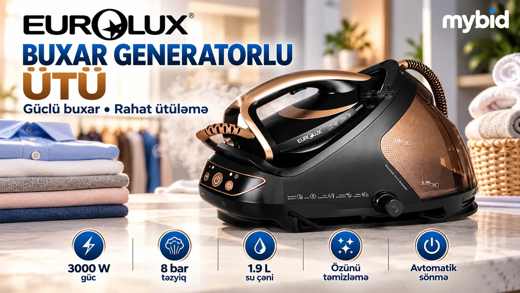 EUROLUX Buxar Generatorlu Ütü – 3000 W, 8 Bar, 1.9 L