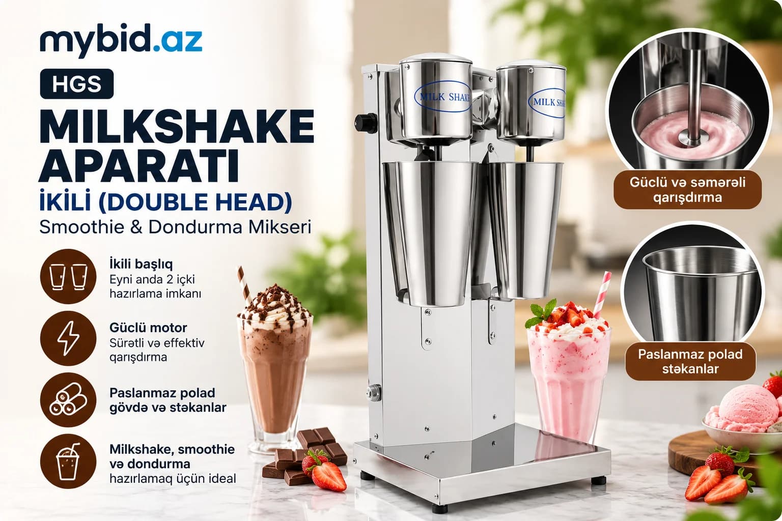 Milkshake Aparatı – İkili (Double Head) Smoothie & Dondurma Mikseri