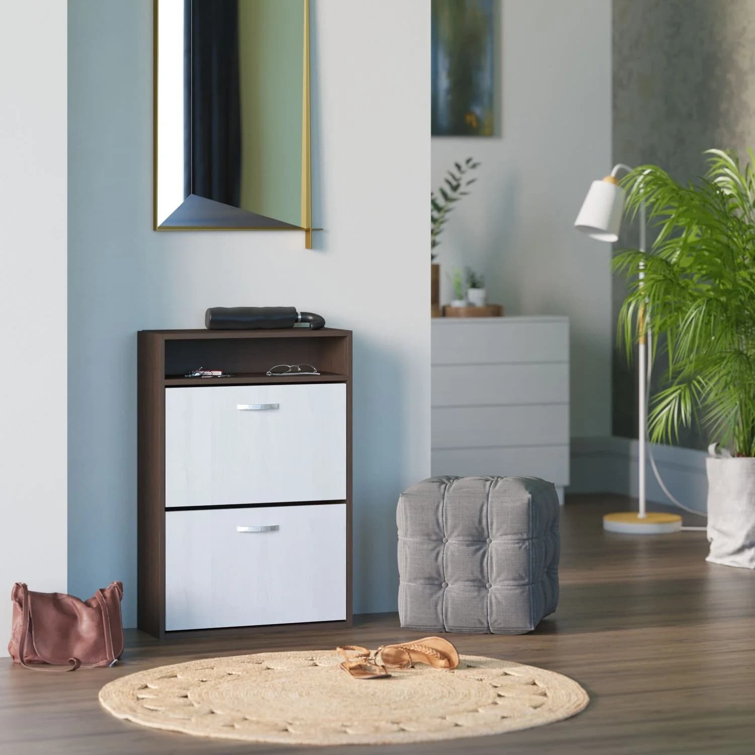 Ayaqqabı tumbası 15457, laminat, ağ/tünd qəhvəyi, 60x89 sm