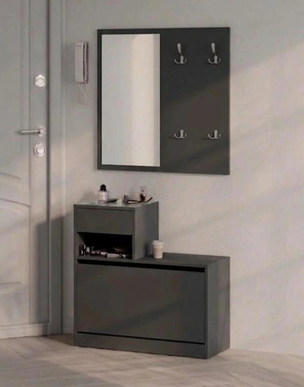 Tumba ayaqqabı üçün güzgülü MB 14, laminat, antrasit, 72x86x35 sm