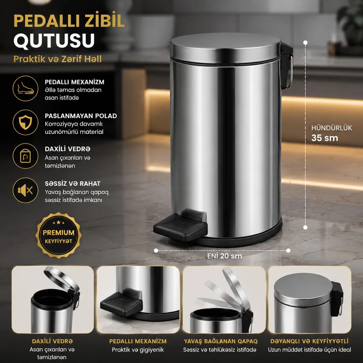 Zibil qabı 001, Paslanmayan polad, Gümüşü, 10 l