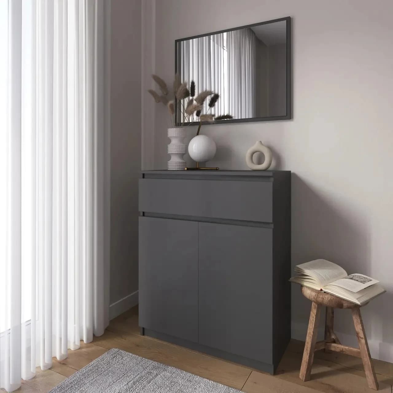 Komod Yagmur 83, laminat, boz, 120x80x40 sm