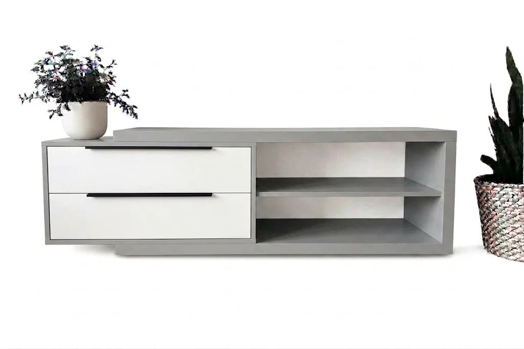 TV üçün tumba Line, laminat, 180x45x38 sm, boz/ağ