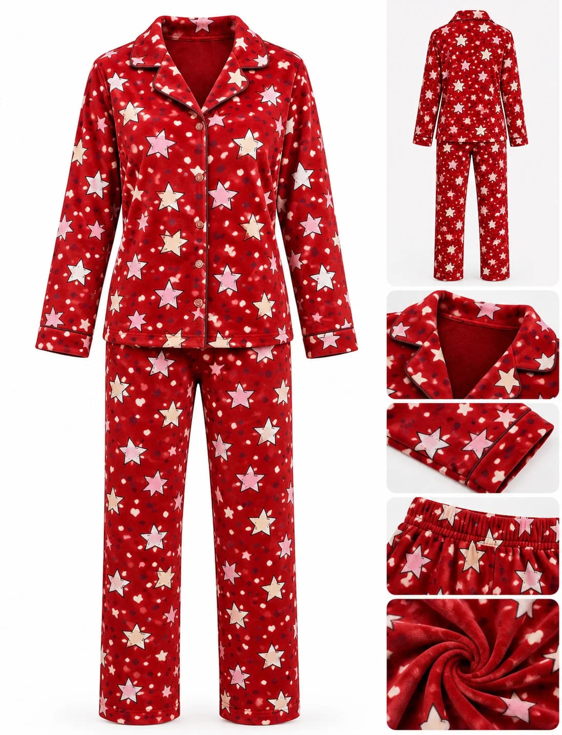 Qadın üçün şalvarlı pijama dəsti, velür, qırmızı, ölçü M