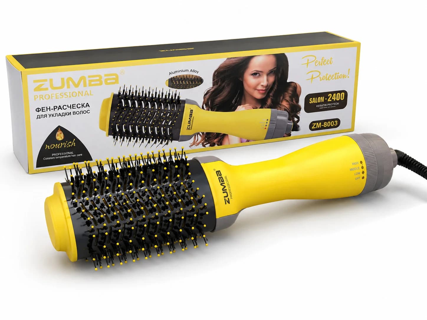 Fen-fırça Zumba ZM-8003, 2400 Vt, sarı, 1 taxma