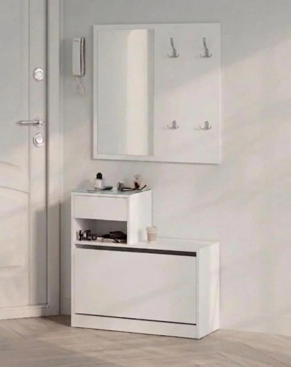 Tumba ayaqqabı üçün güzgülü MB 14, laminat, 72x86x35 sm, ağ
