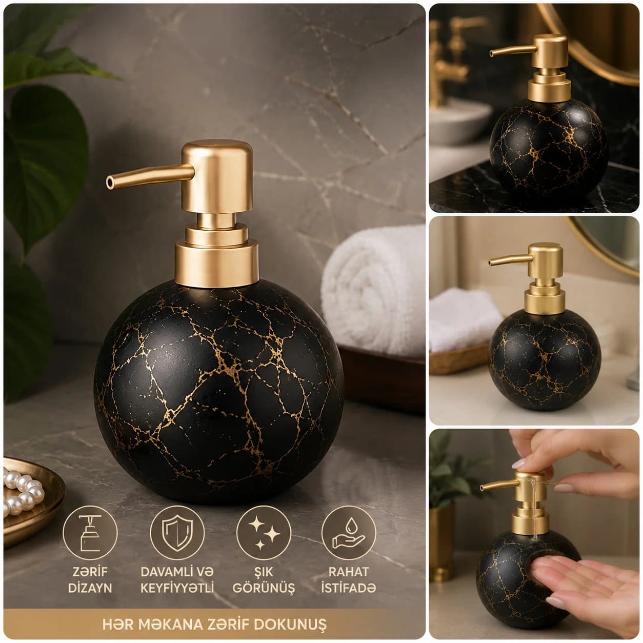 Maye sabun üçün dozator, 300 ml, şüşə, qara-qızılı