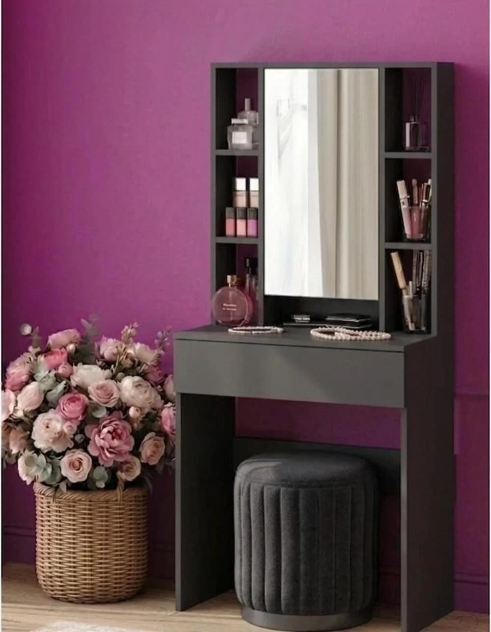 Makiyaj masası güzgülü MB10, laminat, antrasit, 145x70x36 sm
