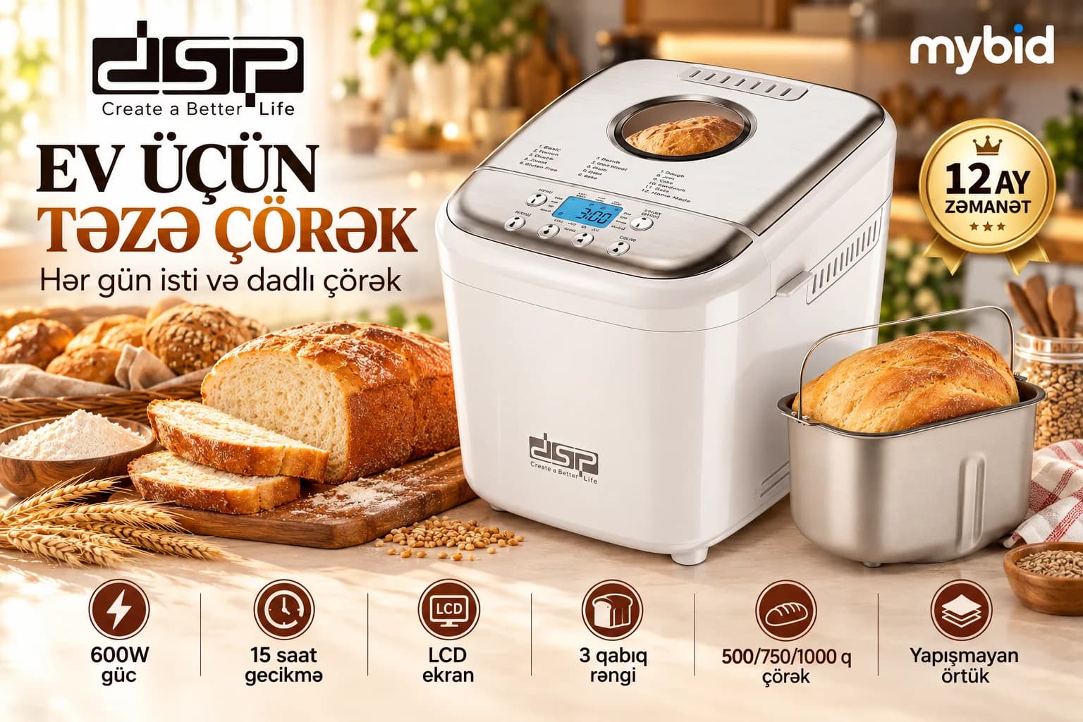 DSP Çörəkbişirən Cihaz 600 W – LCD Ekran, 3 Qabıq Rəngi