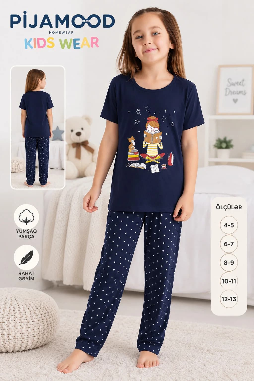 Şalvarlı pijama dəsti qızlar üçün 02116, tünd göy, pambıq, ölçü 4-5 yaş — şəkil 2
