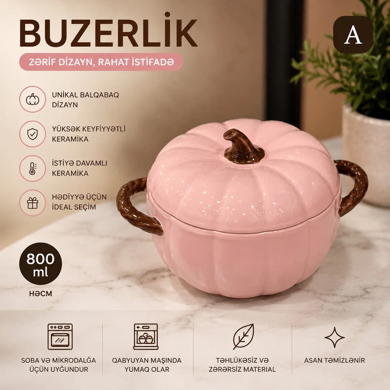 Qazan, keramika, çəhrayı, 800 ml